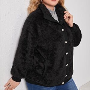 Super Buttery Sherpa warm Plus Size Black Fuzzy Teddy Coat Jacket Button Front
